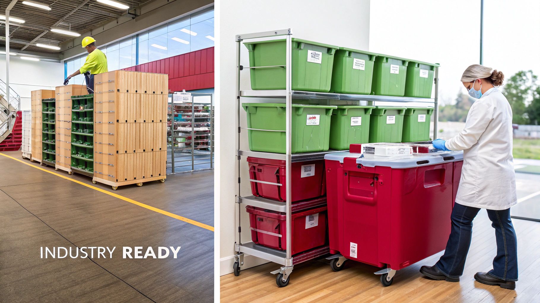 Industrial and lab workers manage supplies using mobile carts and various green and red storage bins.