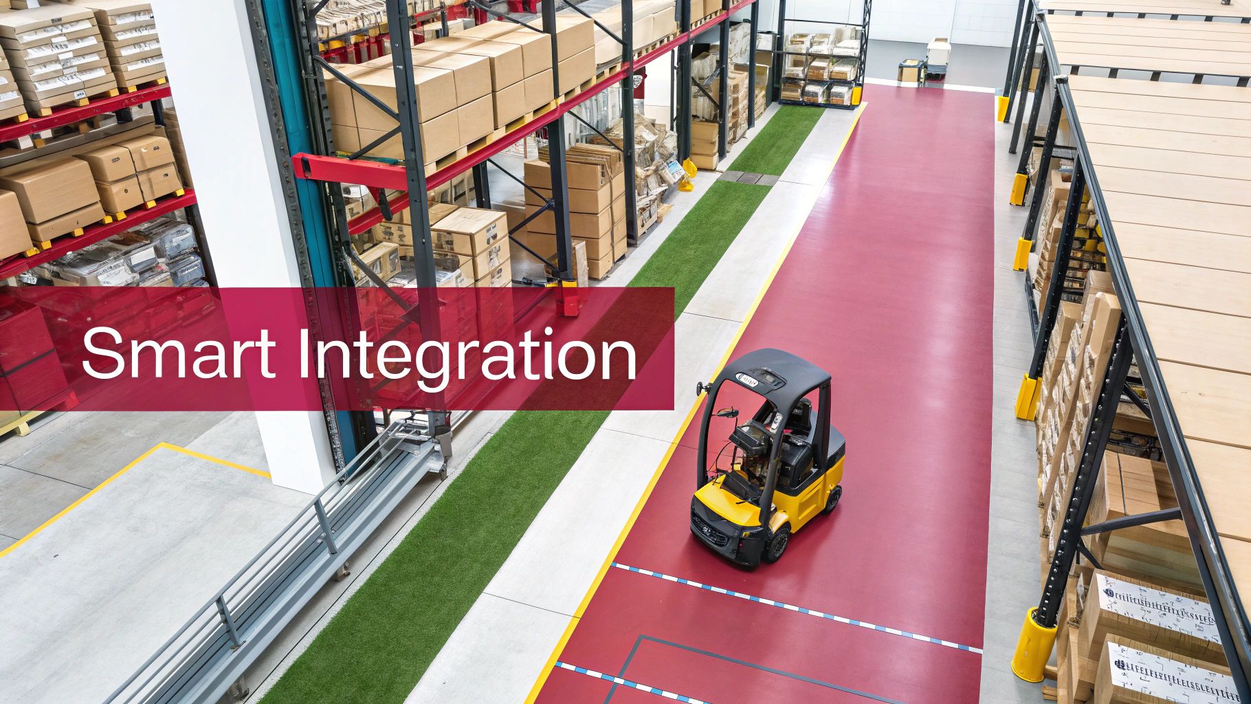 Modern warehouse interior with tall racks, palletized boxes, and a yellow forklift on a red floor.