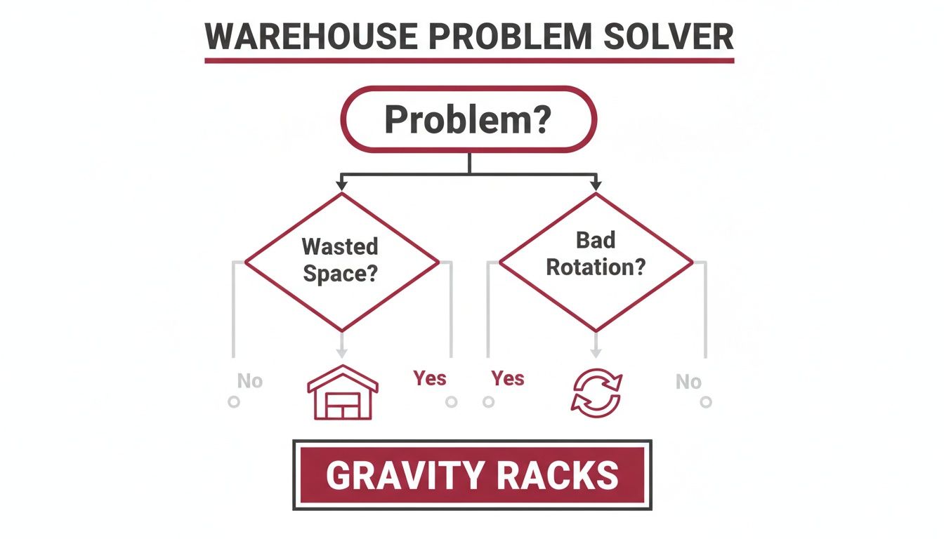 A flowchart identifying Gravity Racks as the solution for common warehouse issues like wasted space and bad rotation.
