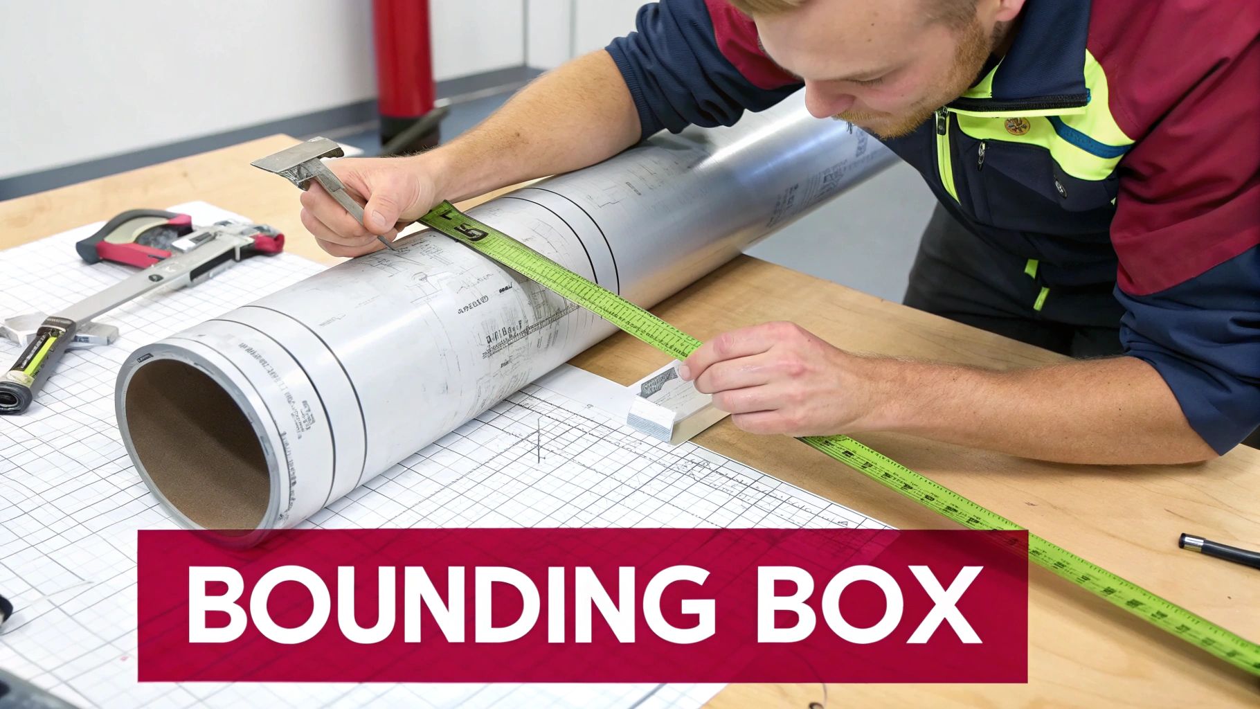 A person accurately measures the length of a rolled blueprint using a measuring tape and calipers.