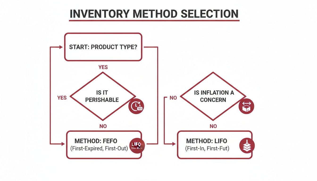 Flowchart detailing inventory method selection based on product type, perishability, and inflation concerns.
