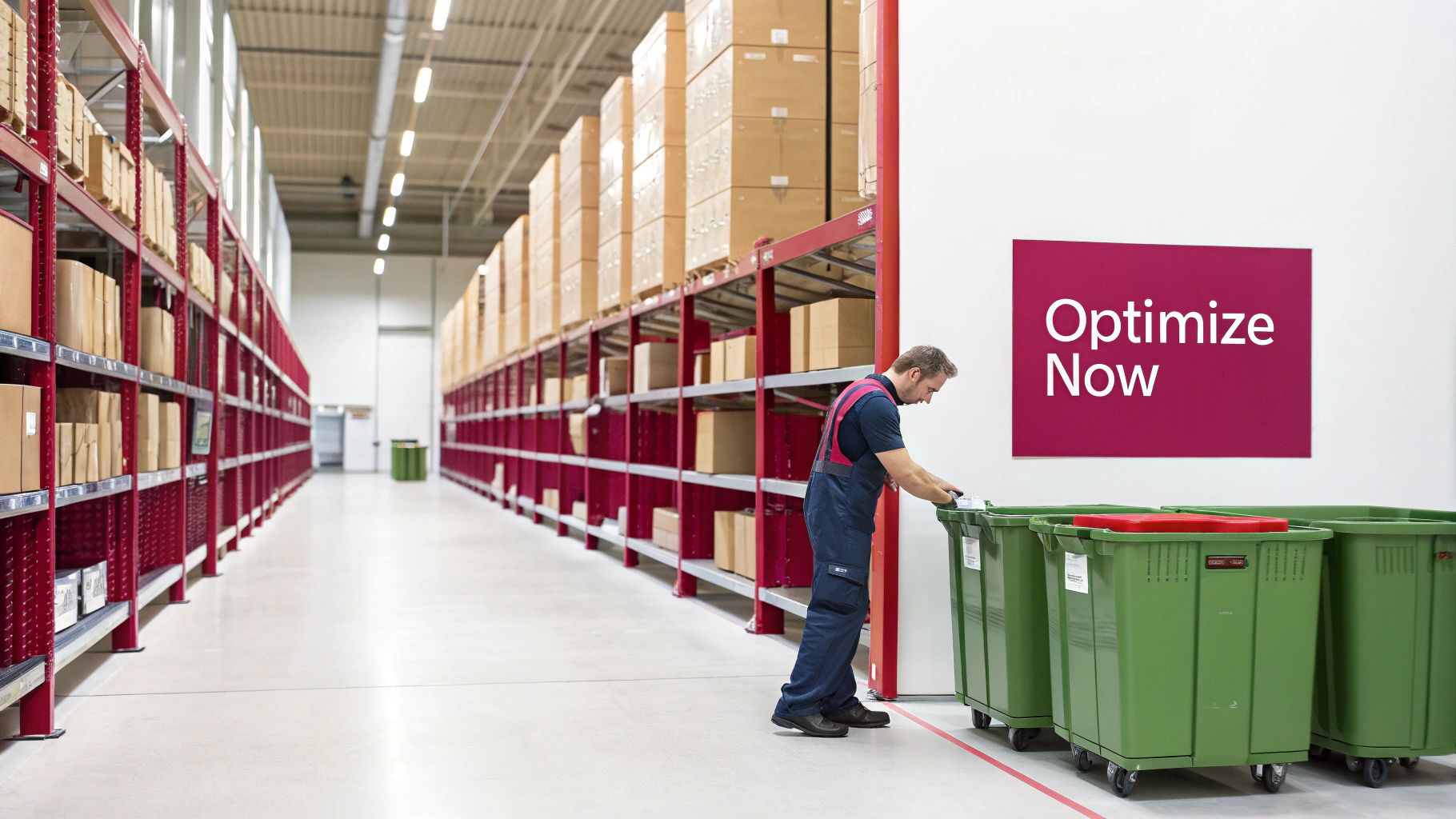 A worker sorts items into green bins in a large, organized warehouse with tall shelves.