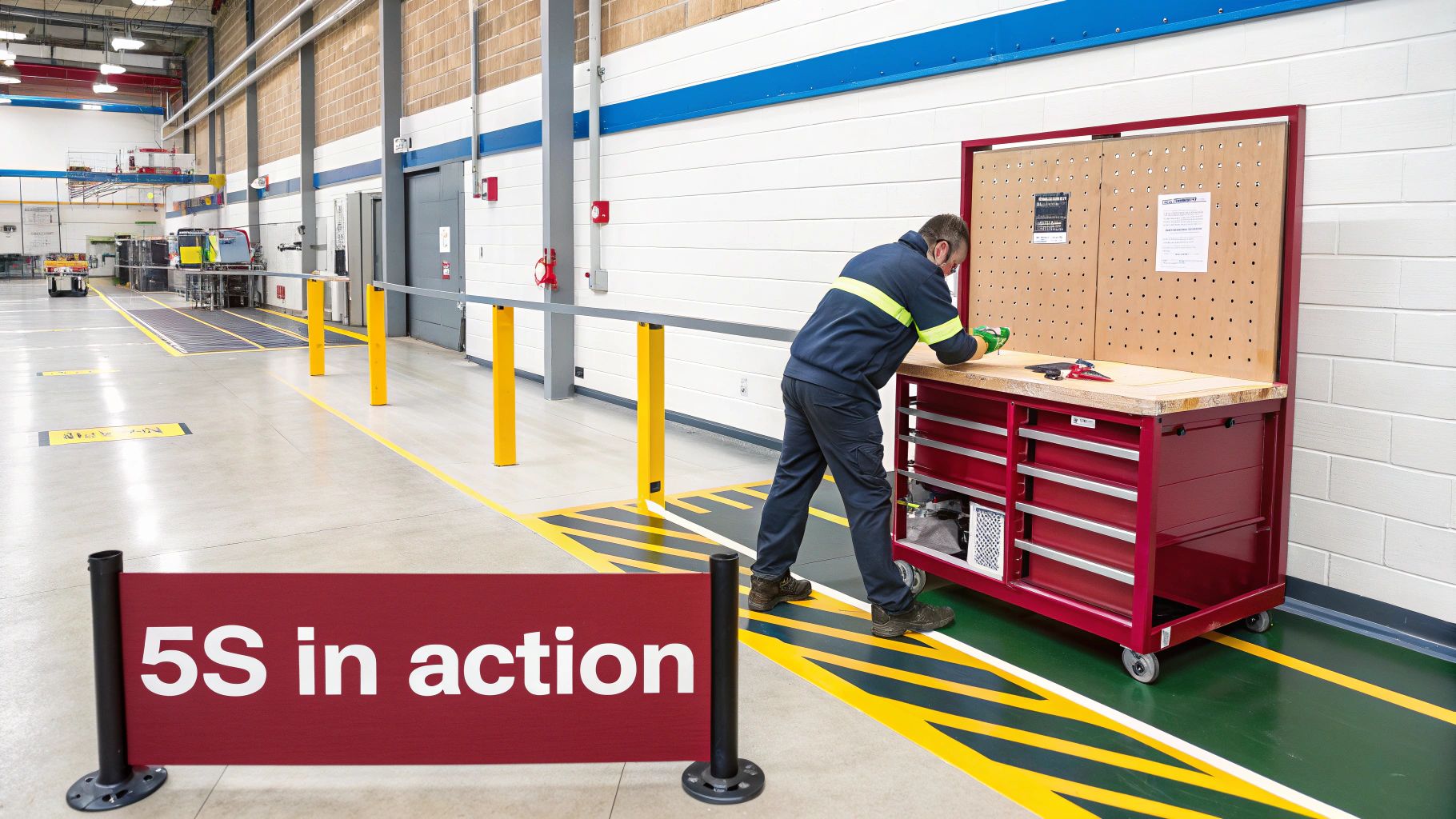 An employee performs tasks at a well-organized mobile workbench in a factory, showing 5S principles.