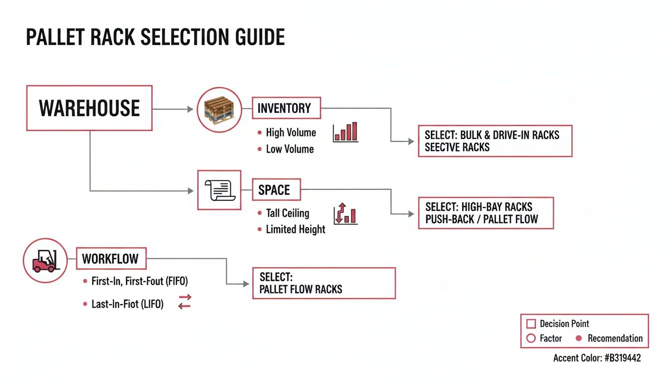 Flowchart guiding pallet rack selection based on warehouse inventory volume, space characteristics, and workflow methods.