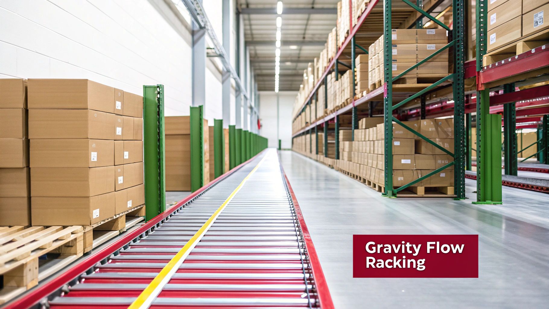 A long warehouse aisle featuring gravity flow racking systems filled with cardboard boxes on pallets.