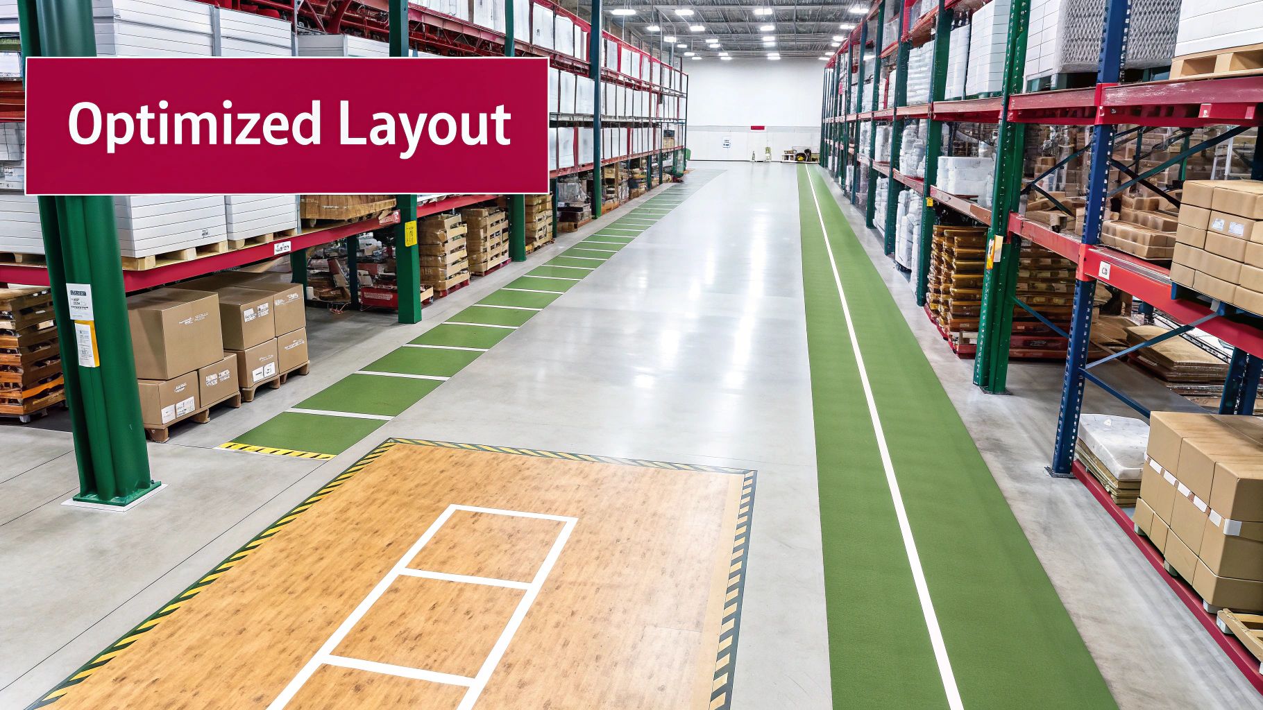 An organized warehouse with tall storage racks, neatly stacked inventory, and clearly marked aisles, labeled 'Optimized Layout'.