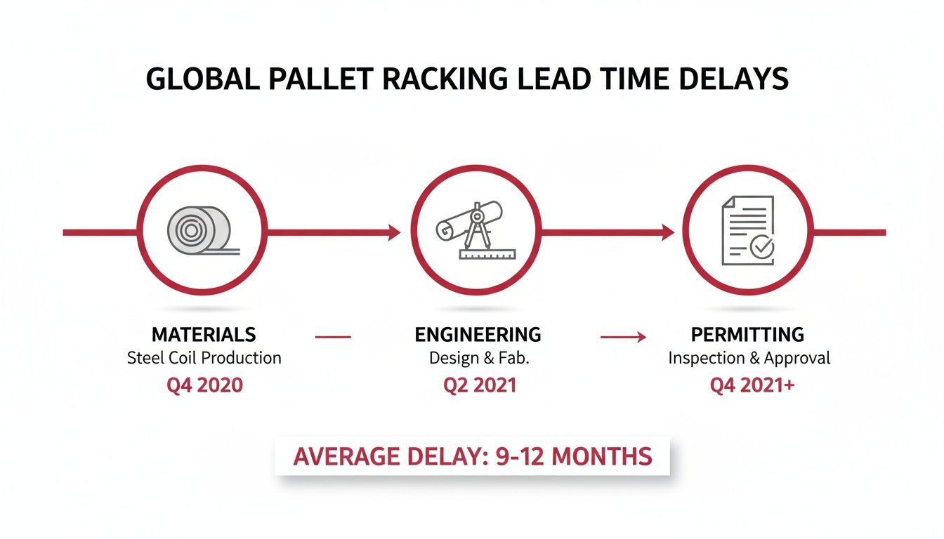 Infographic illustrating global pallet racking lead time delays across material production, engineering, and permitting, showing average 9-12 month delays.