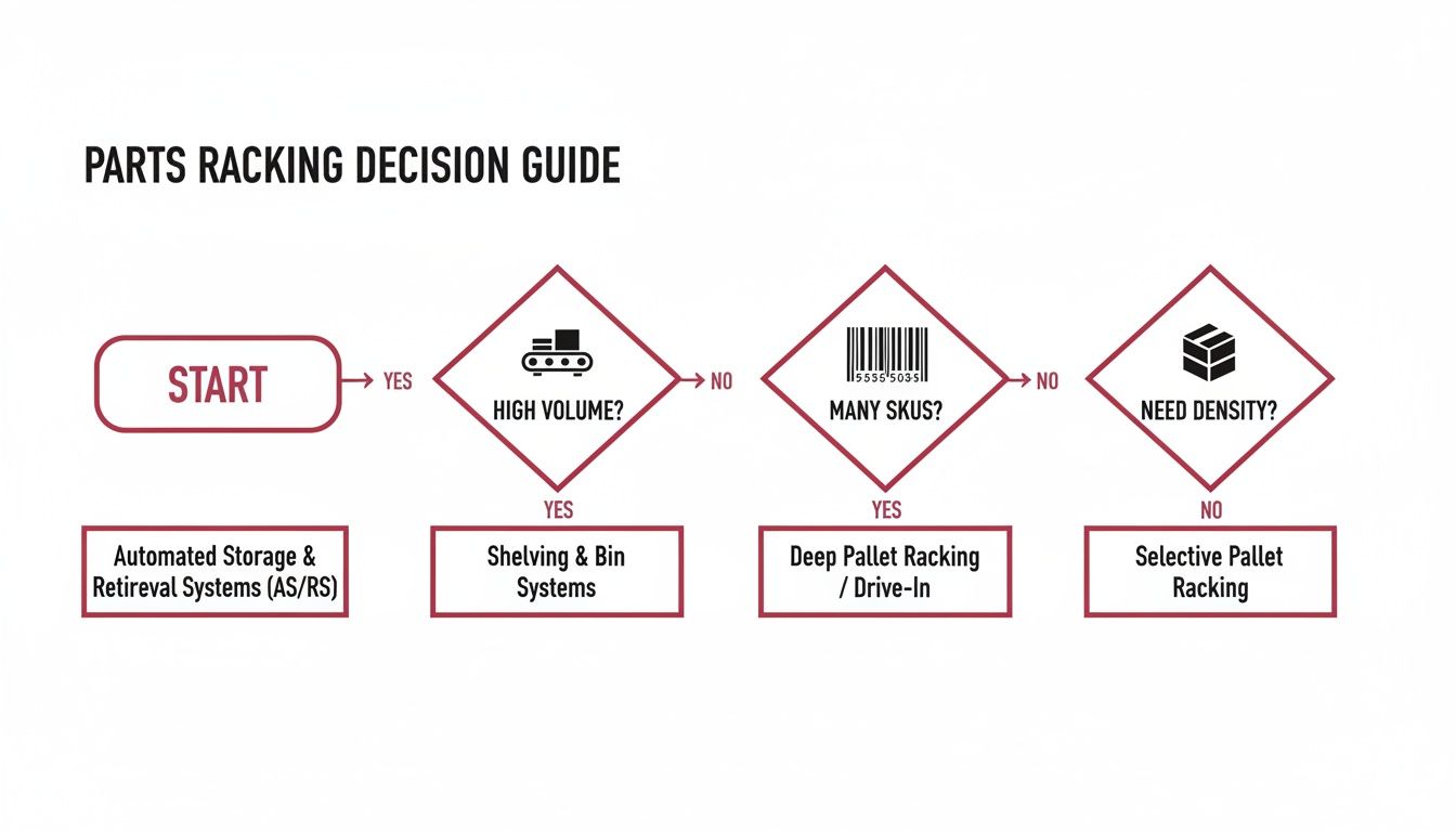 Flowchart guiding selection of parts racking systems based on volume, SKUs, and density needs.