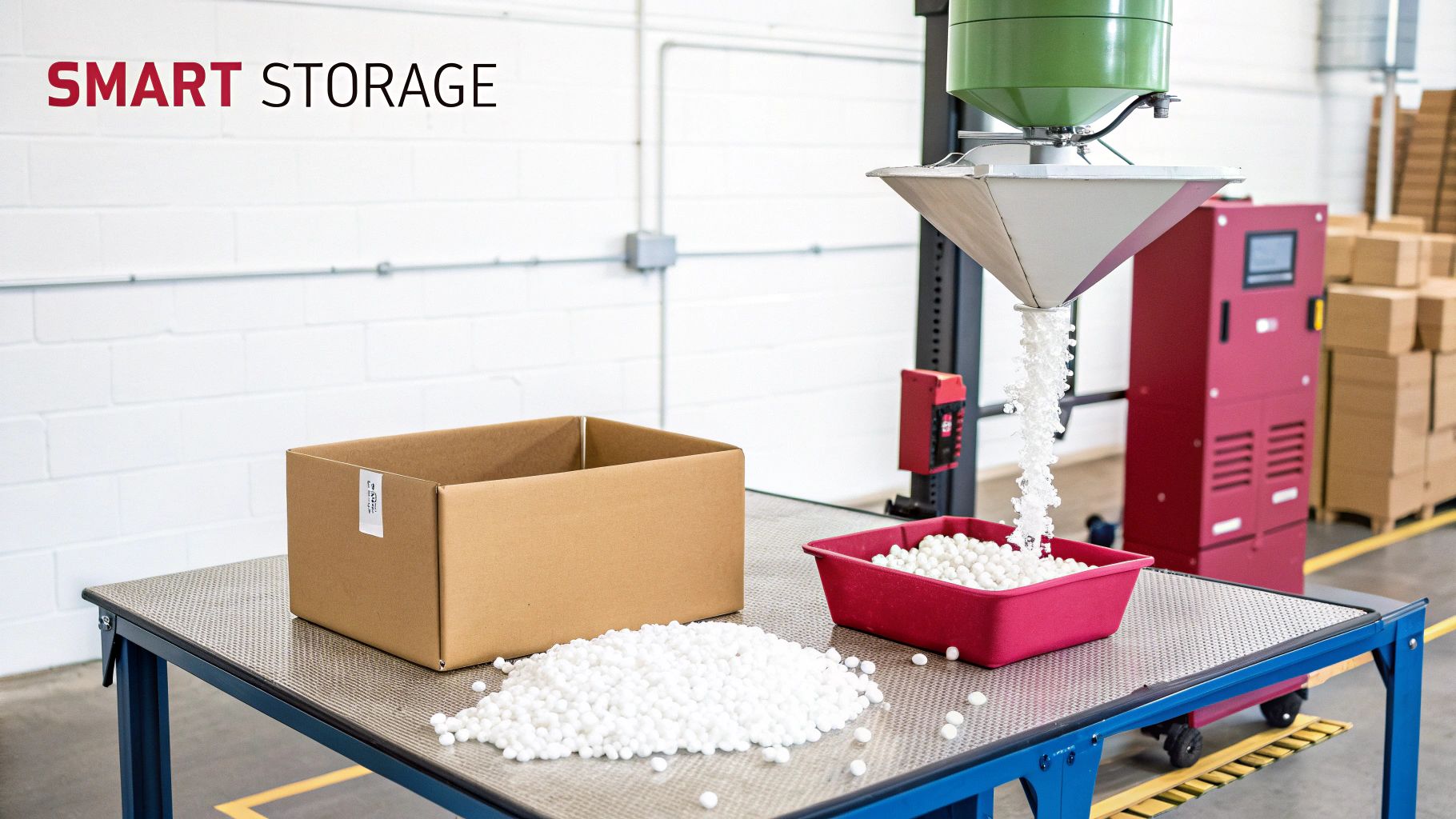 White packing peanuts are dispensed from a large hopper into a red bin on a work table, for smart storage.