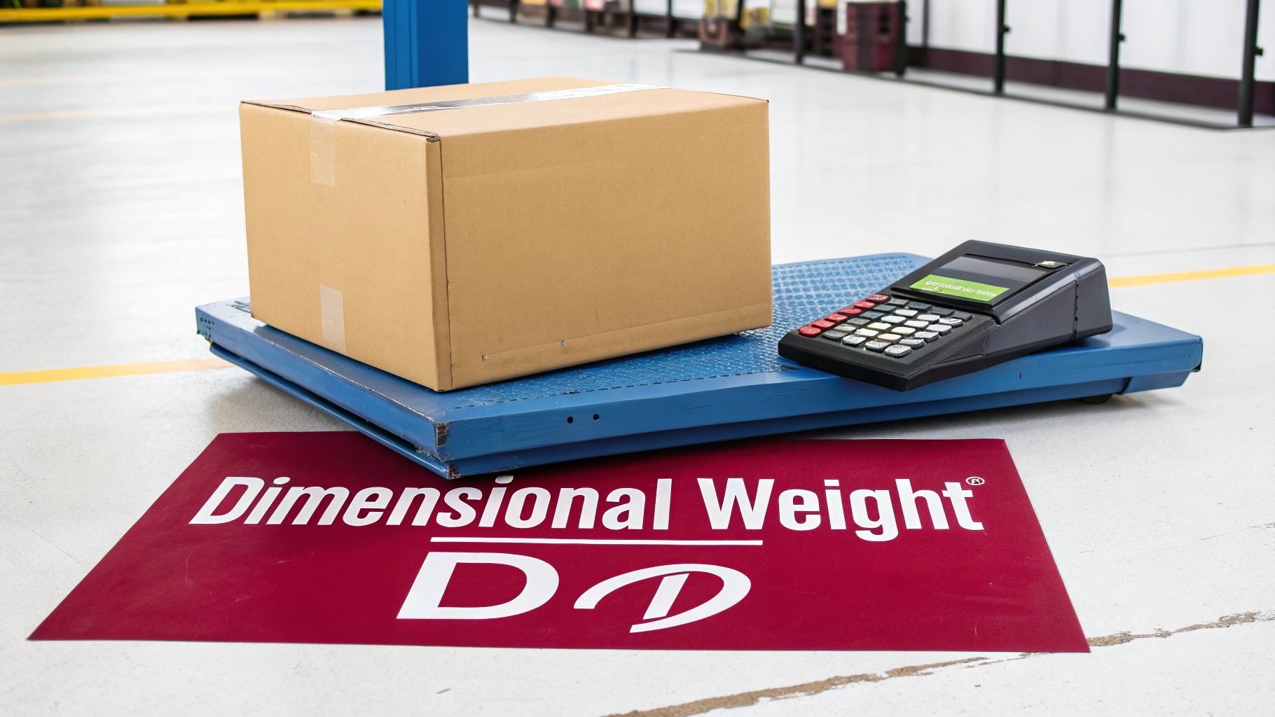 A cardboard box sits on a blue industrial weighing scale with a calculator, beside a 'Dimensional Weight' mat.