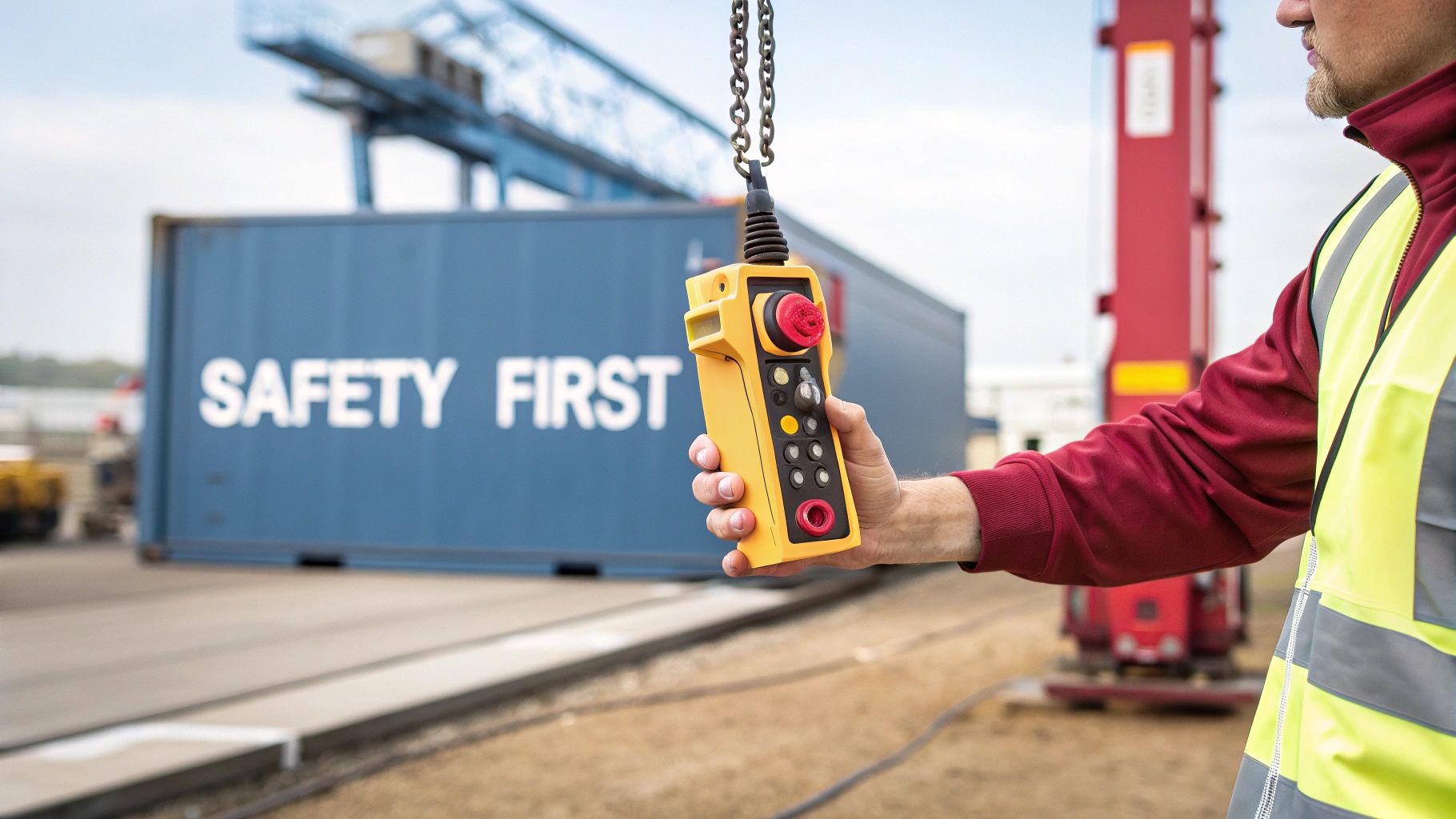 A worker's hand operates a yellow crane remote control in front of a blue 'SAFETY FIRST' container.