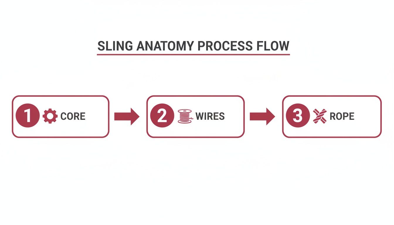 An infographic showing the parts of a wire rope sling, including the core, wire, strand, and lay, with callouts for IWRC vs. Fiber Core.