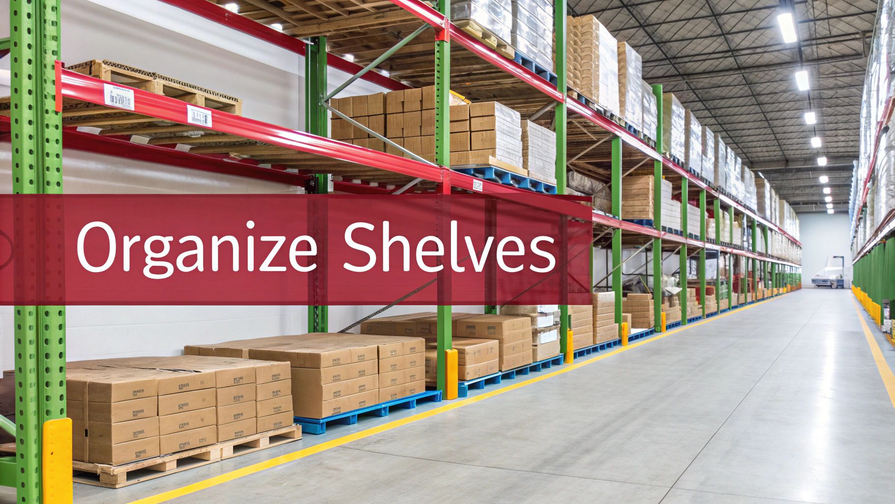 A clean, organized warehouse aisle with tall pallet racks filled with neatly stacked boxes and inventory.