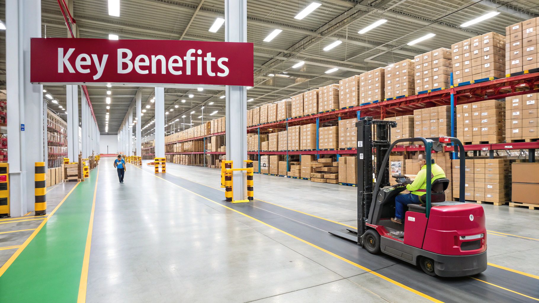 Inside a spacious warehouse, a forklift and workers navigate aisles with stacked boxes and a 'Key Benefits' sign.