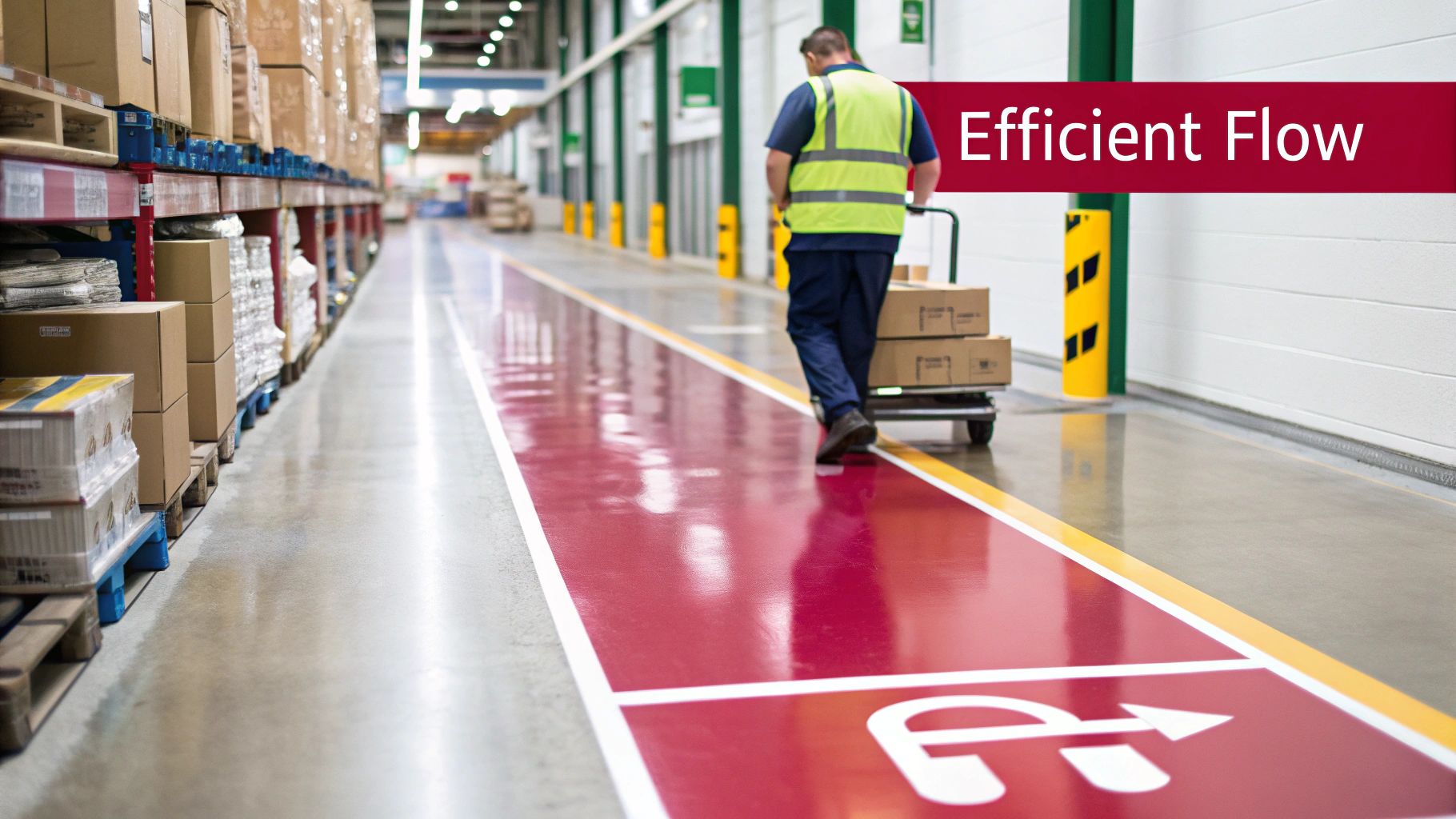 A worker in a high-visibility vest pushes a cart with boxes along a marked red aisle in a warehouse.