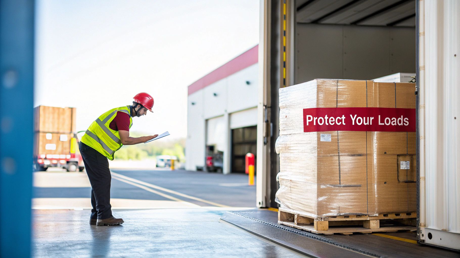 Worker in hard hat and safety vest inspecting a stretch-wrapped pallet at a loading dock.