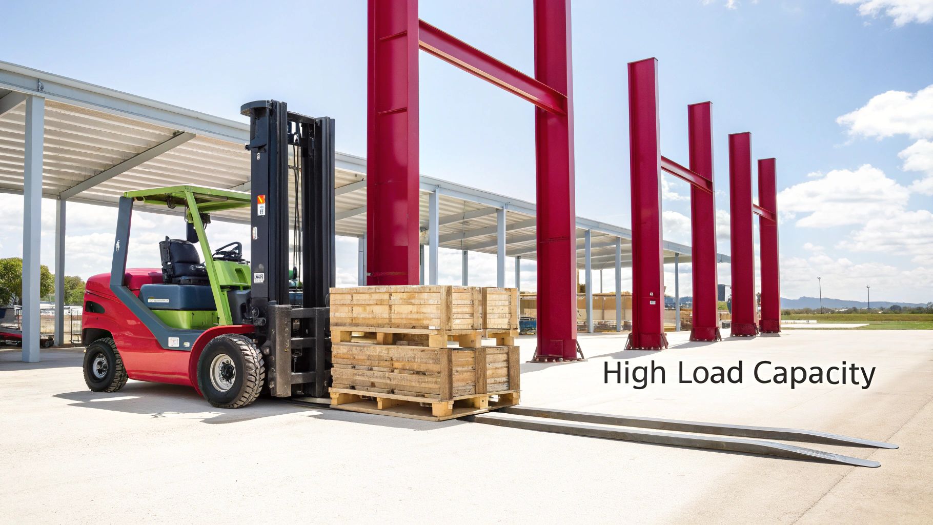 A red and green forklift truck carrying stacked wooden crates on pallets at a construction site with red structural beams.
