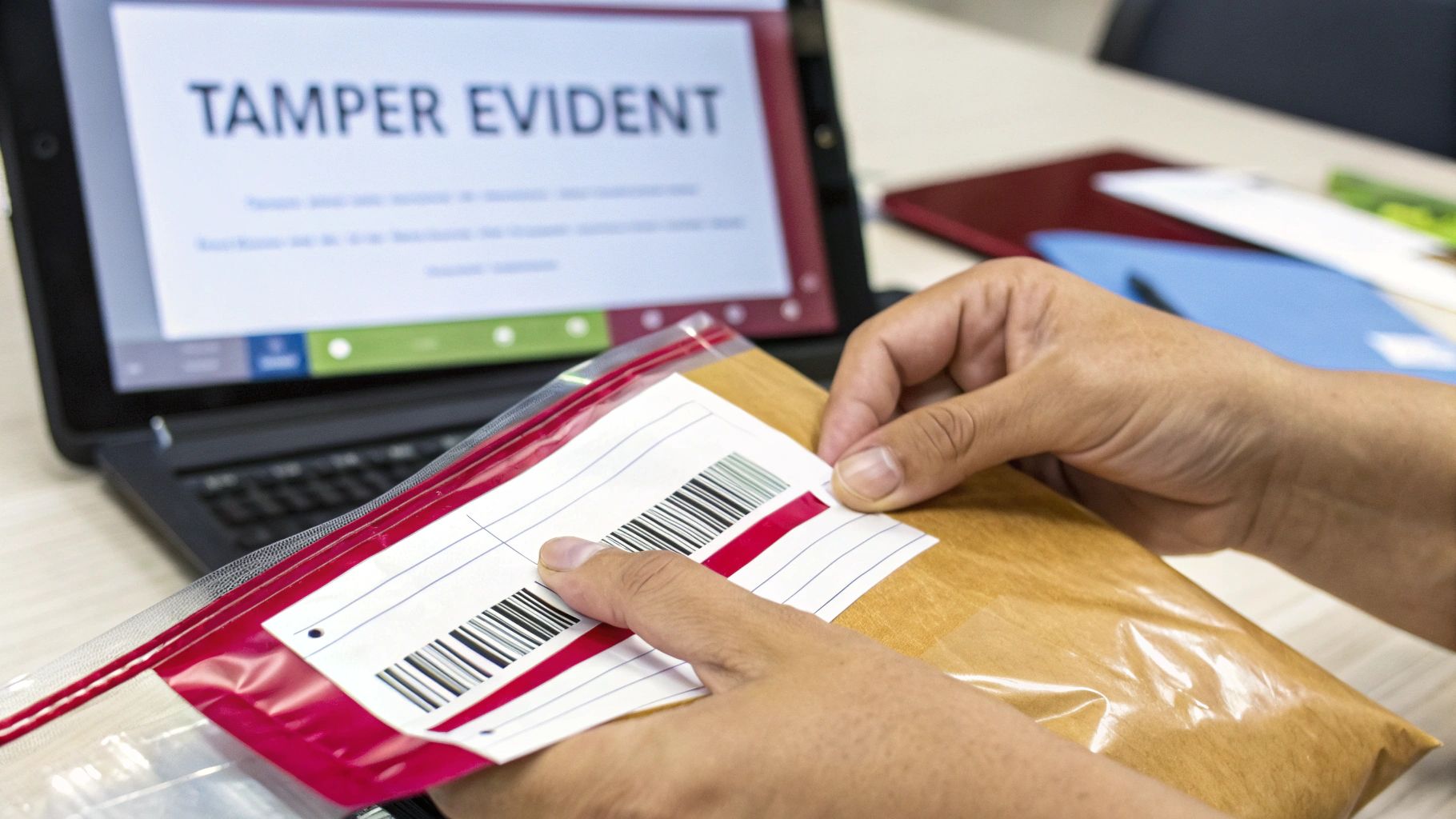 Hands placing a barcoded package into a tamper-evident bag, with a laptop showing 'TAMPER EVIDENT'.