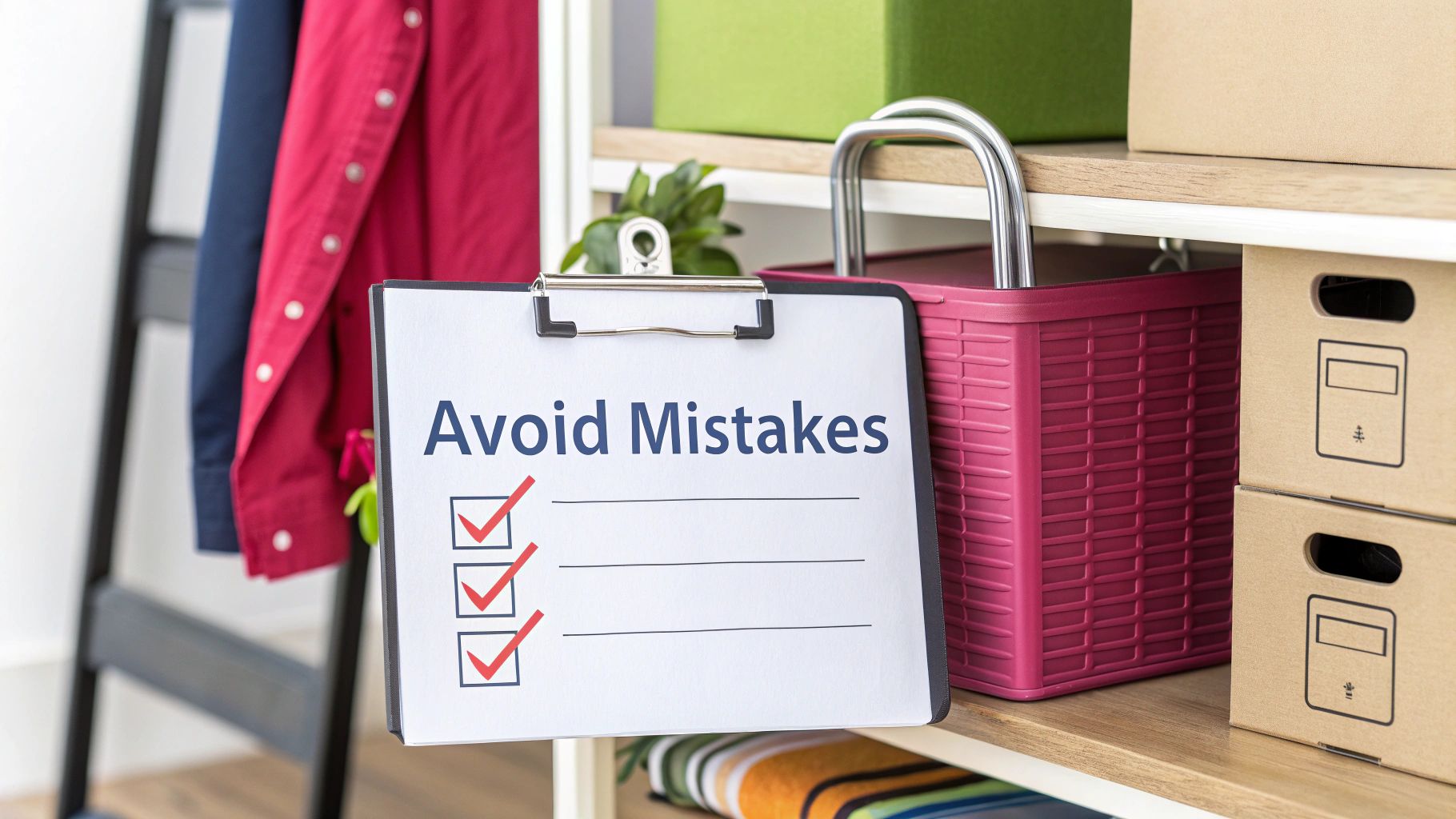A clipboard with 'Avoid Mistakes' and three checkmarks, symbolizing careful planning and organization.