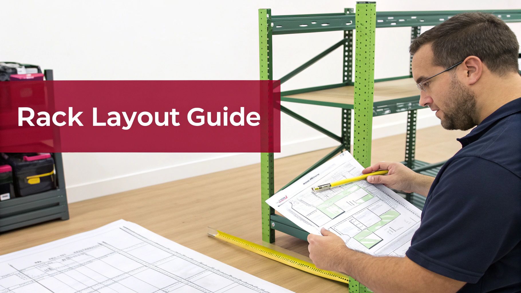 Man reviews a rack layout guide with green shelving units in the background, planning a space.