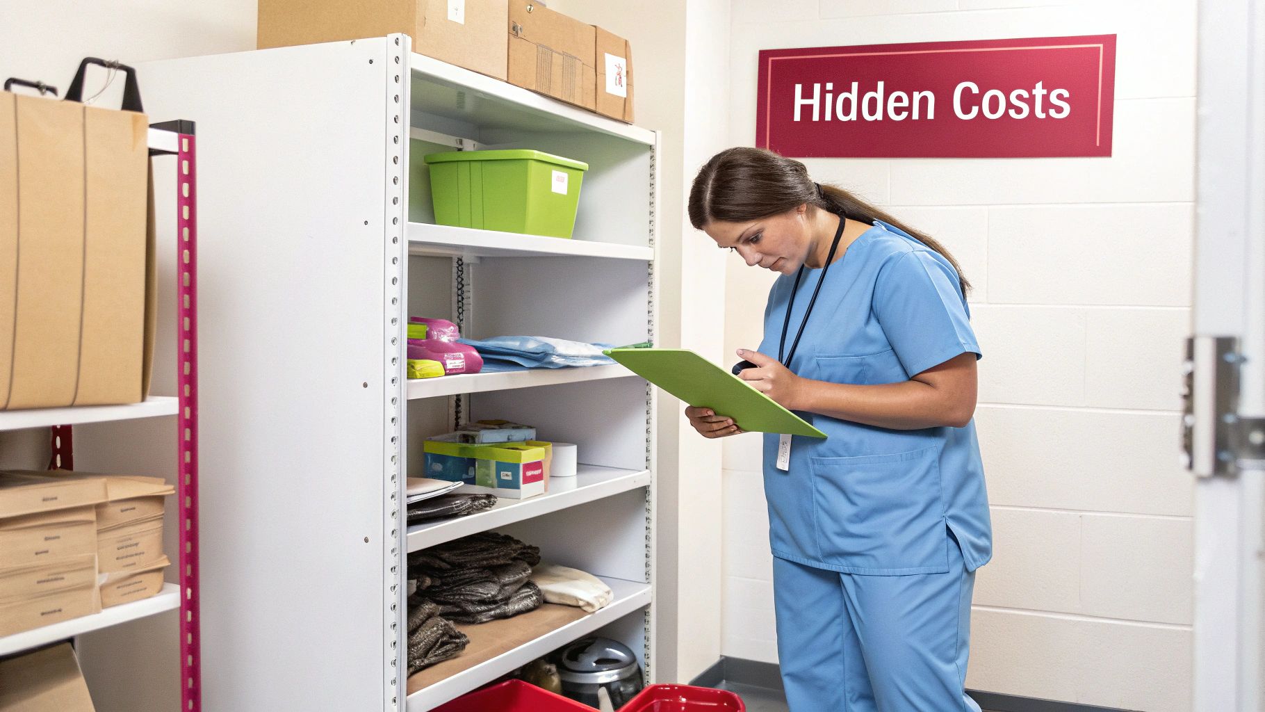 A healthcare worker in scrubs examines supplies on shelves in a medical storage room with a 'Hidden Costs' sign.