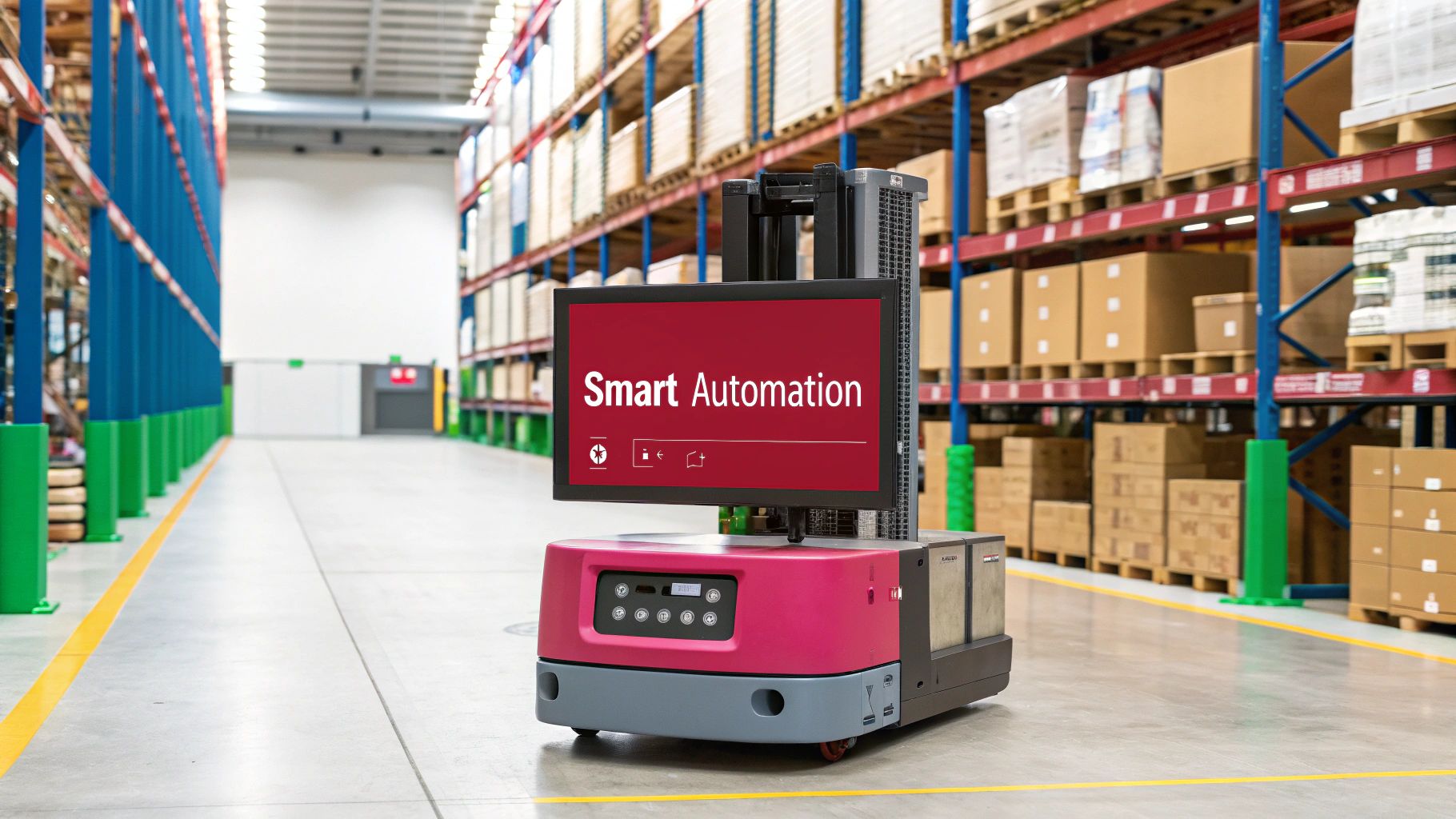 Automated guided vehicle with 'Smart Automation' screen moves through a modern warehouse aisle.