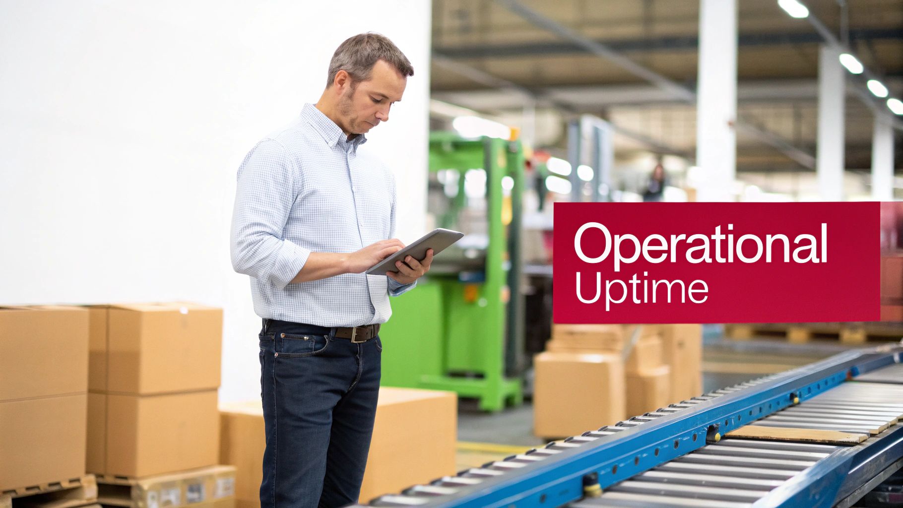 A man in a warehouse checks inventory on a tablet near boxes and a conveyor belt.