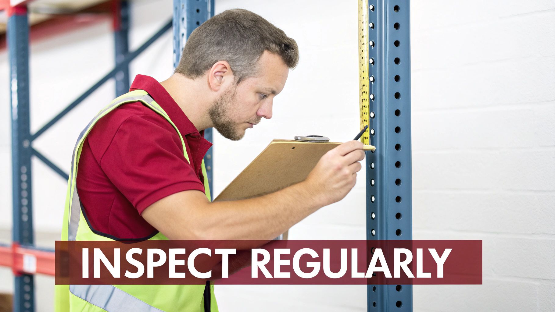 A man in a high-visibility vest inspects metal pallet racking, writing notes on a clipboard.