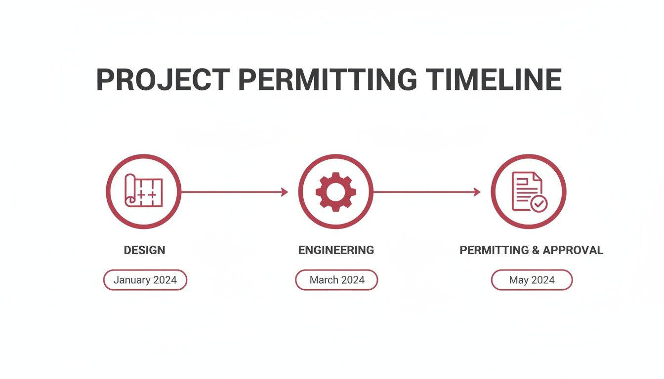 A project permitting timeline illustrating the design, engineering, and approval phases with their respective dates.