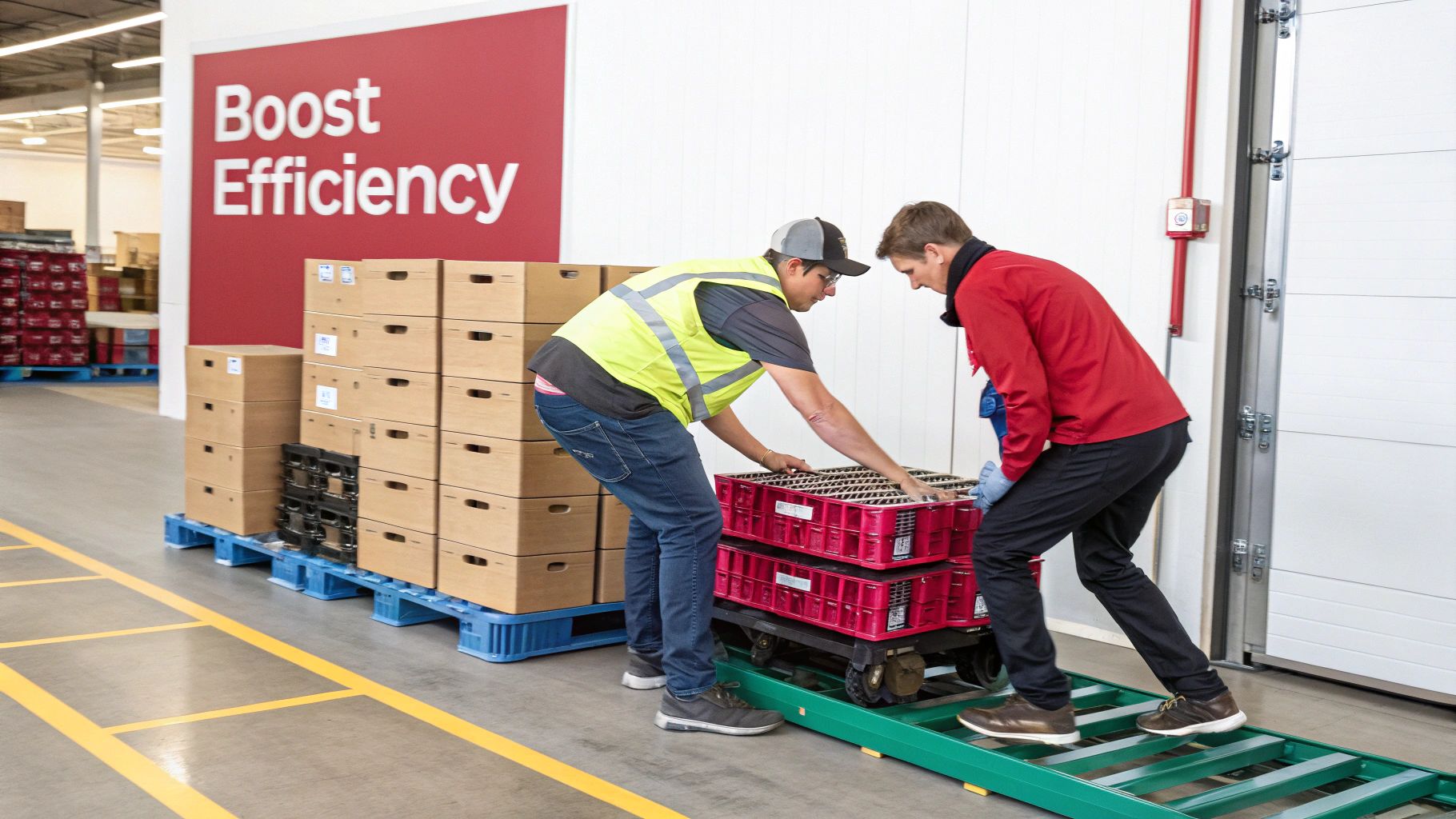 Two workers in a warehouse push red crates onto a gravity flow rack system.