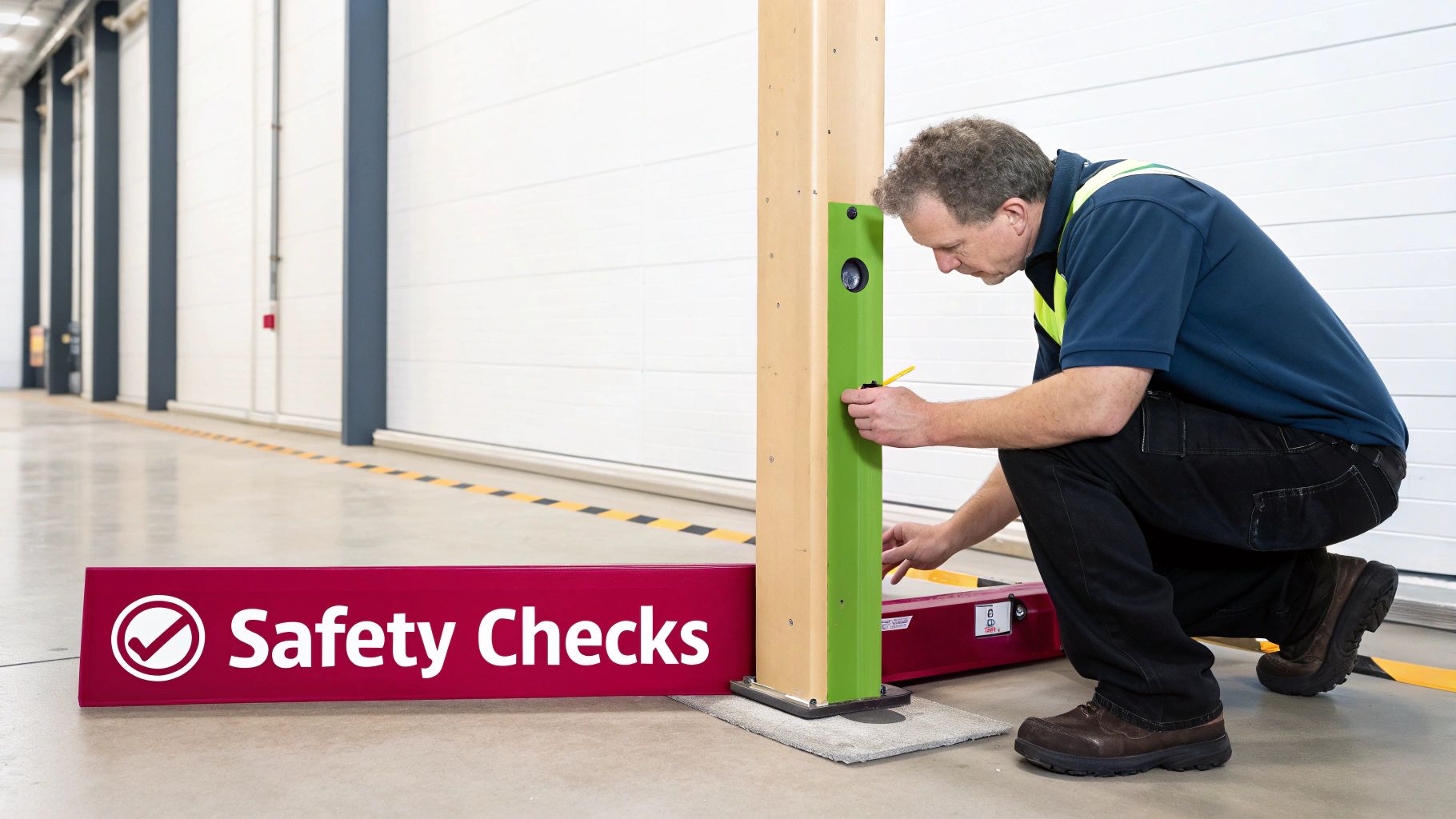 A worker performs safety checks on a new pallet rack upright installation in a warehouse.