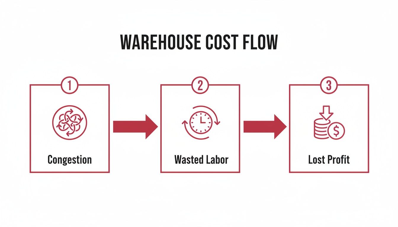 Infographic showing the warehouse cost flow: congestion leads to wasted labor, resulting in lost profit.