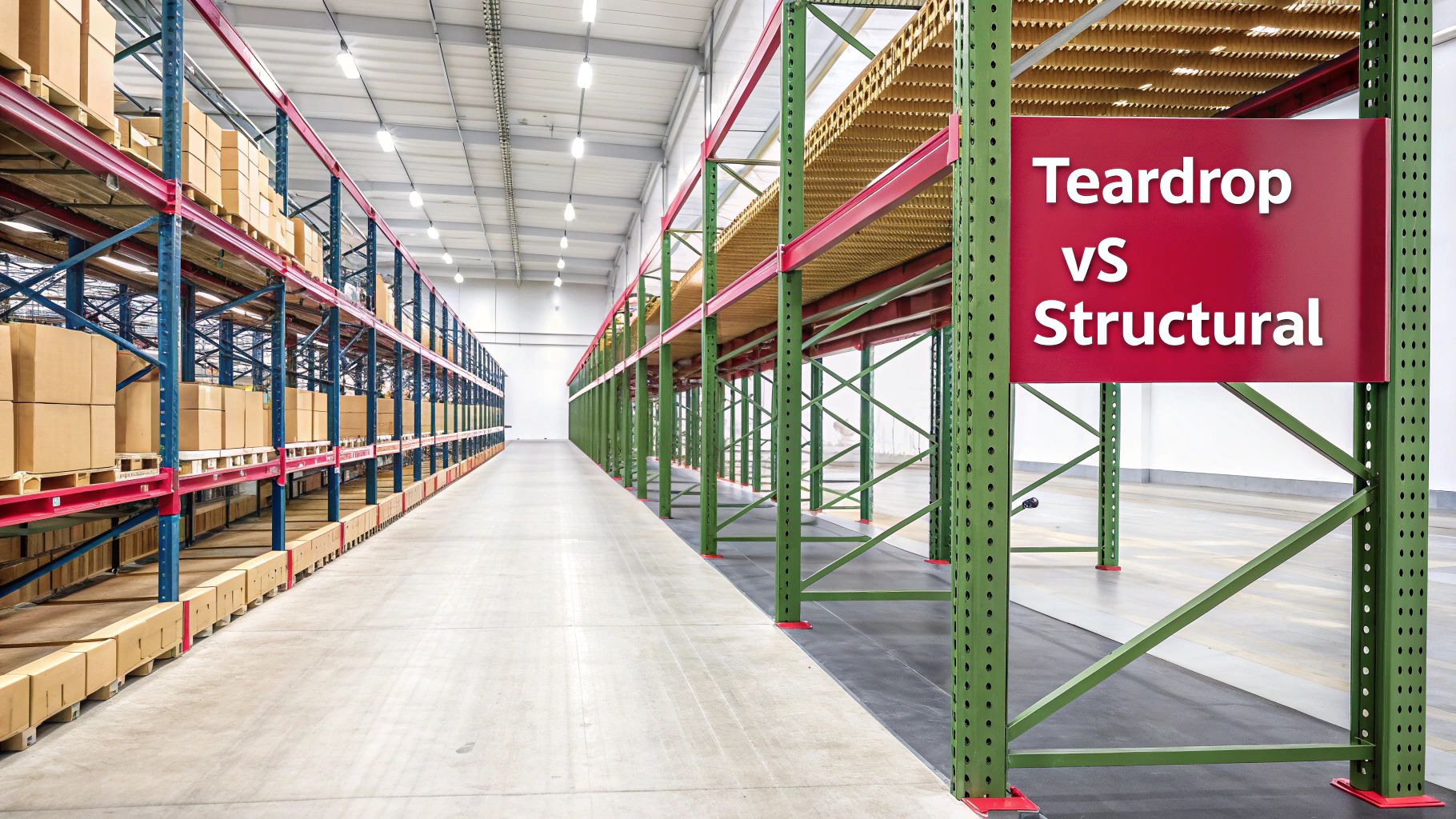 Warehouse aisle featuring a clear comparison of teardrop and structural pallet racking systems.
