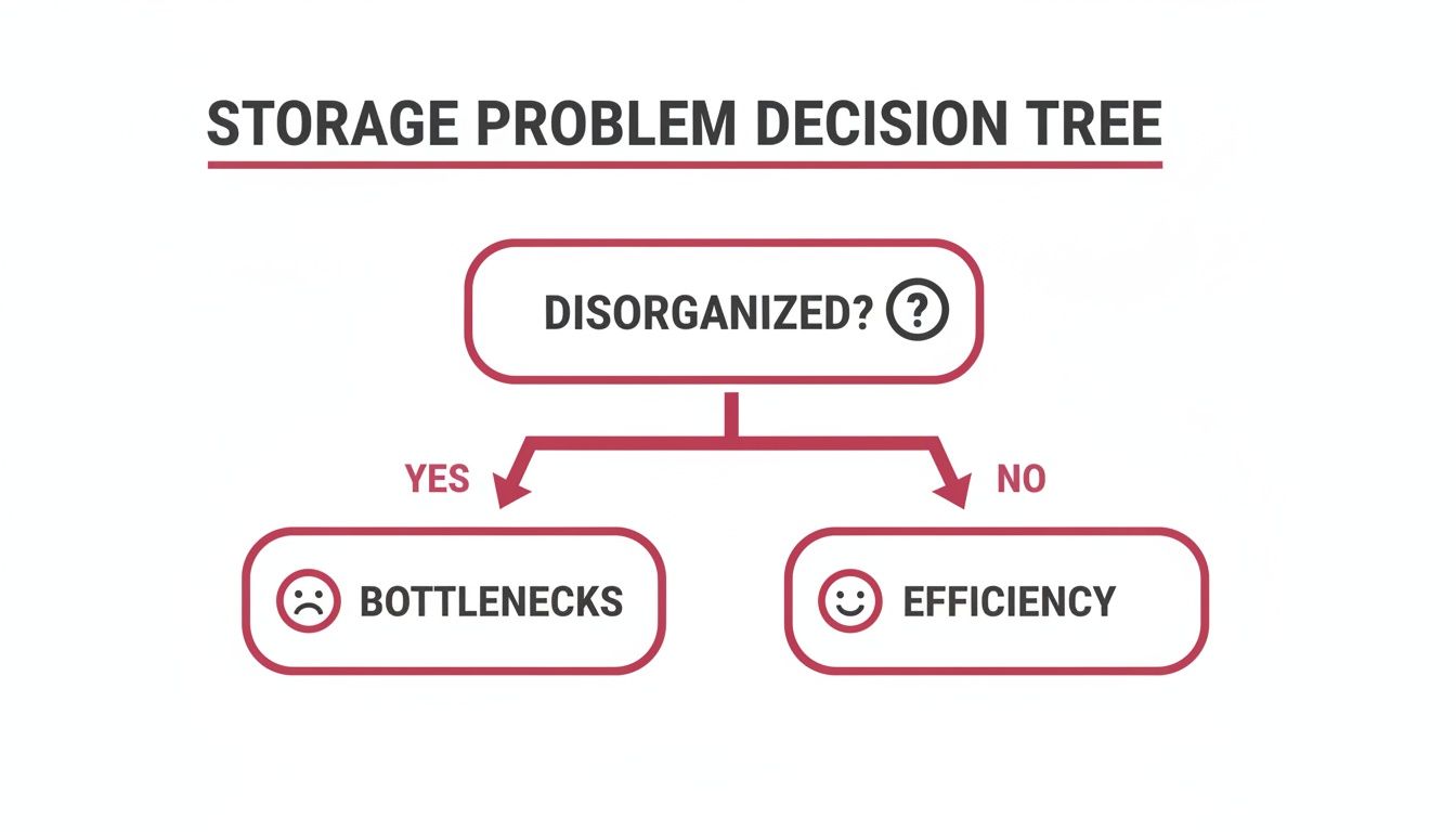 A decision tree flowchart illustrating storage problems: 'Disorganized?' leads to 'Bottlenecks' (yes) or 'Efficiency' (no).