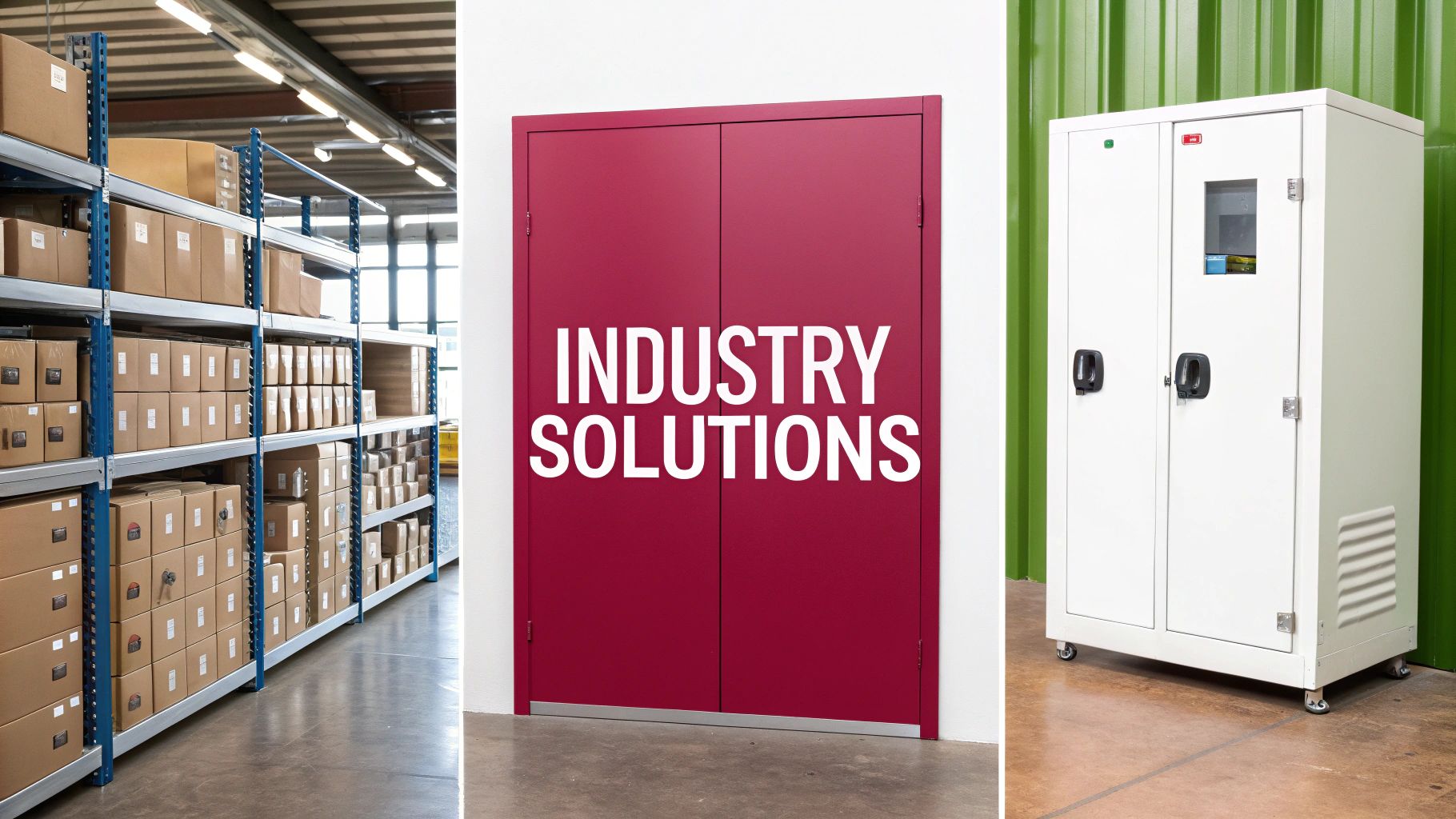 Industrial storage solutions: A warehouse with boxes, red doors, and a secure white cabinet on wheels.
