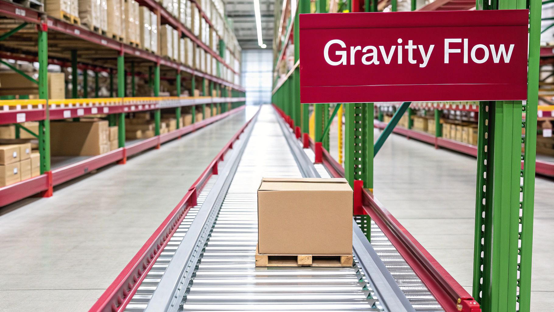 A cardboard box on a pallet moving along a gravity flow rack in a modern warehouse.