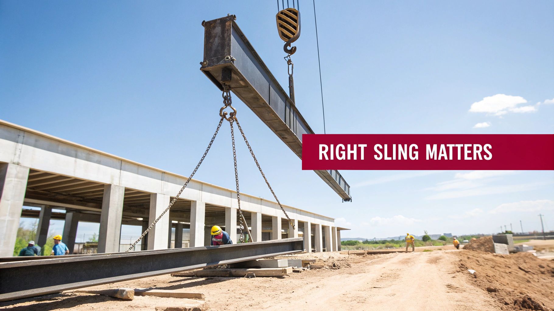 Construction workers using a crane with chain slings to lift a heavy metal beam at a building site.