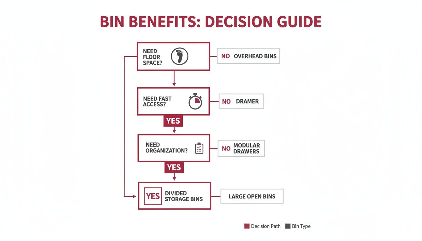Flowchart: Bin Benefits Decision Guide for choosing storage solutions based on space, access, and organization.