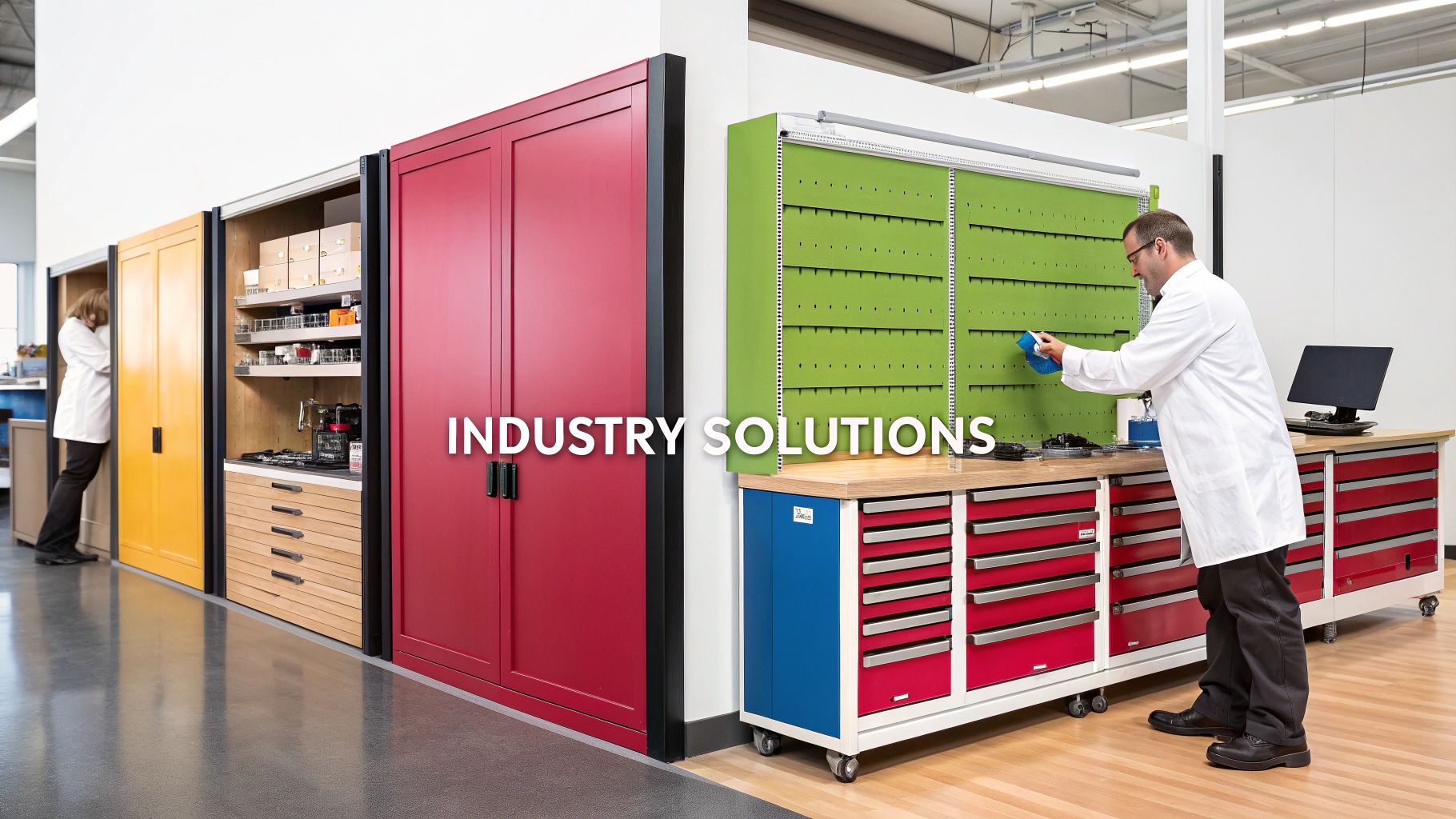 Professionals organizing parts and tools using colorful, modular industrial storage cabinets and workbenches.