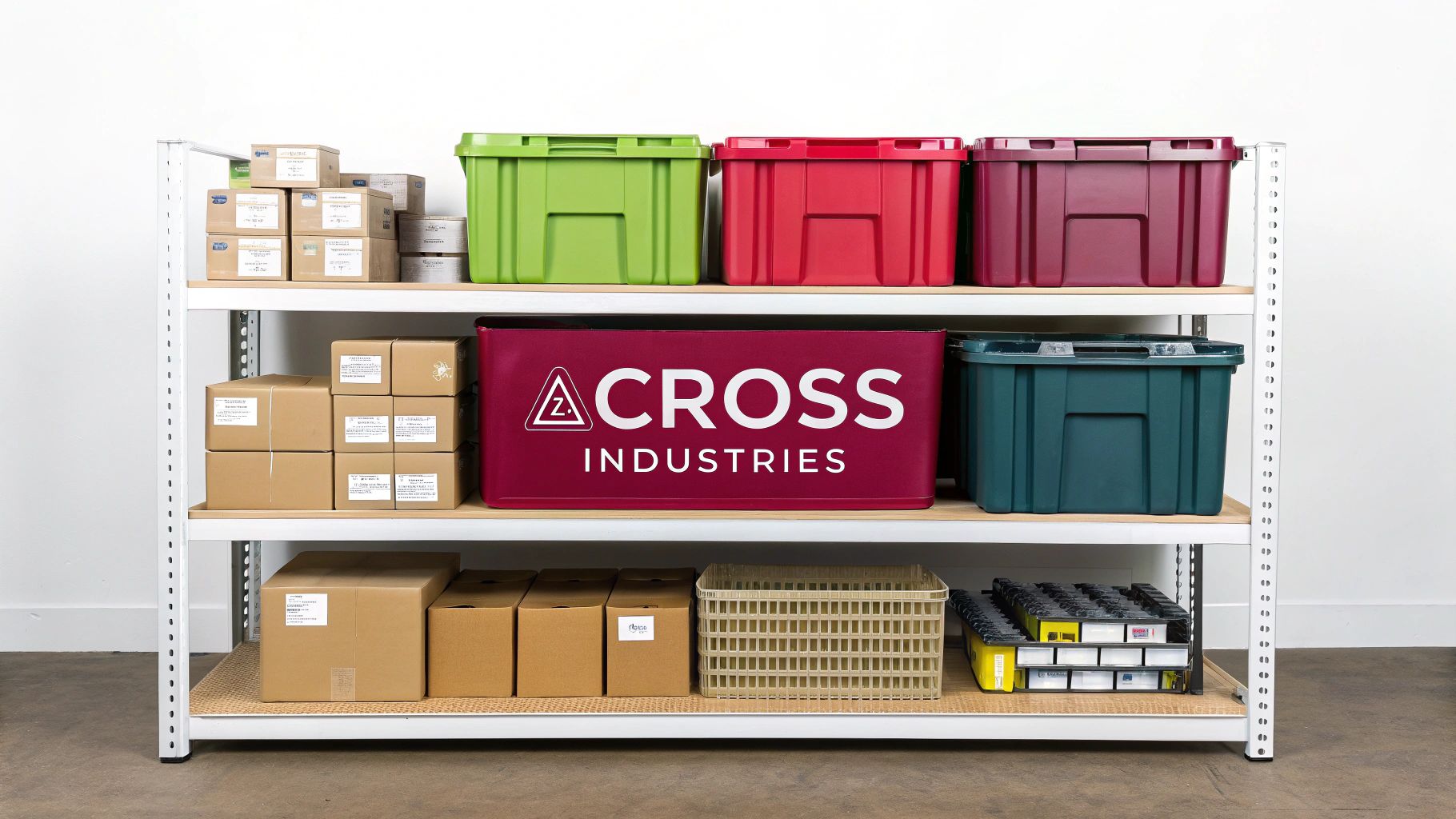 A white metal shelving unit filled with various storage bins and labeled cardboard boxes.
