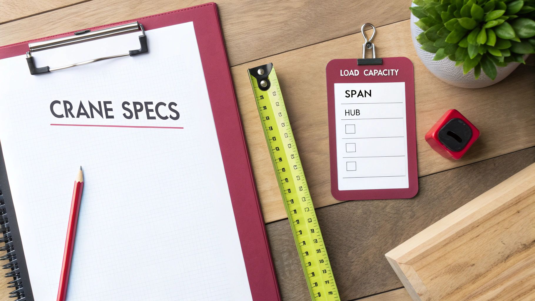 A flat lay of crane specifications documents, a measuring tape, and a load capacity tag on a wooden desk.