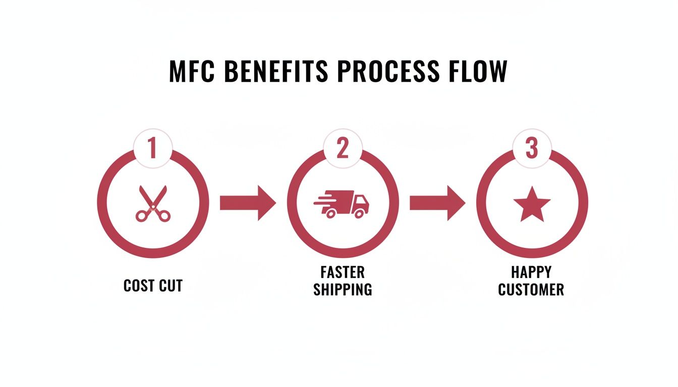 A process flow diagram detailing micro fulfillment center benefits: cost cut, faster shipping, happy customer.