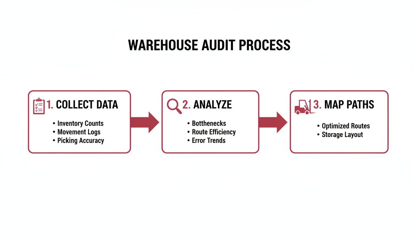 Flowchart illustrating the three-step warehouse audit process: data collection, analysis, and path mapping.