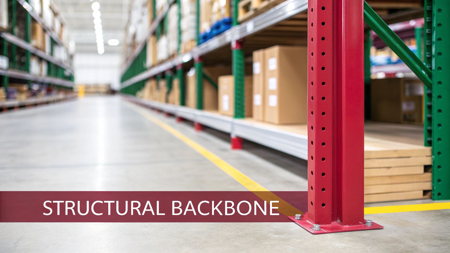 A red warehouse racking upright column stands on a concrete floor in a well-lit storage facility.