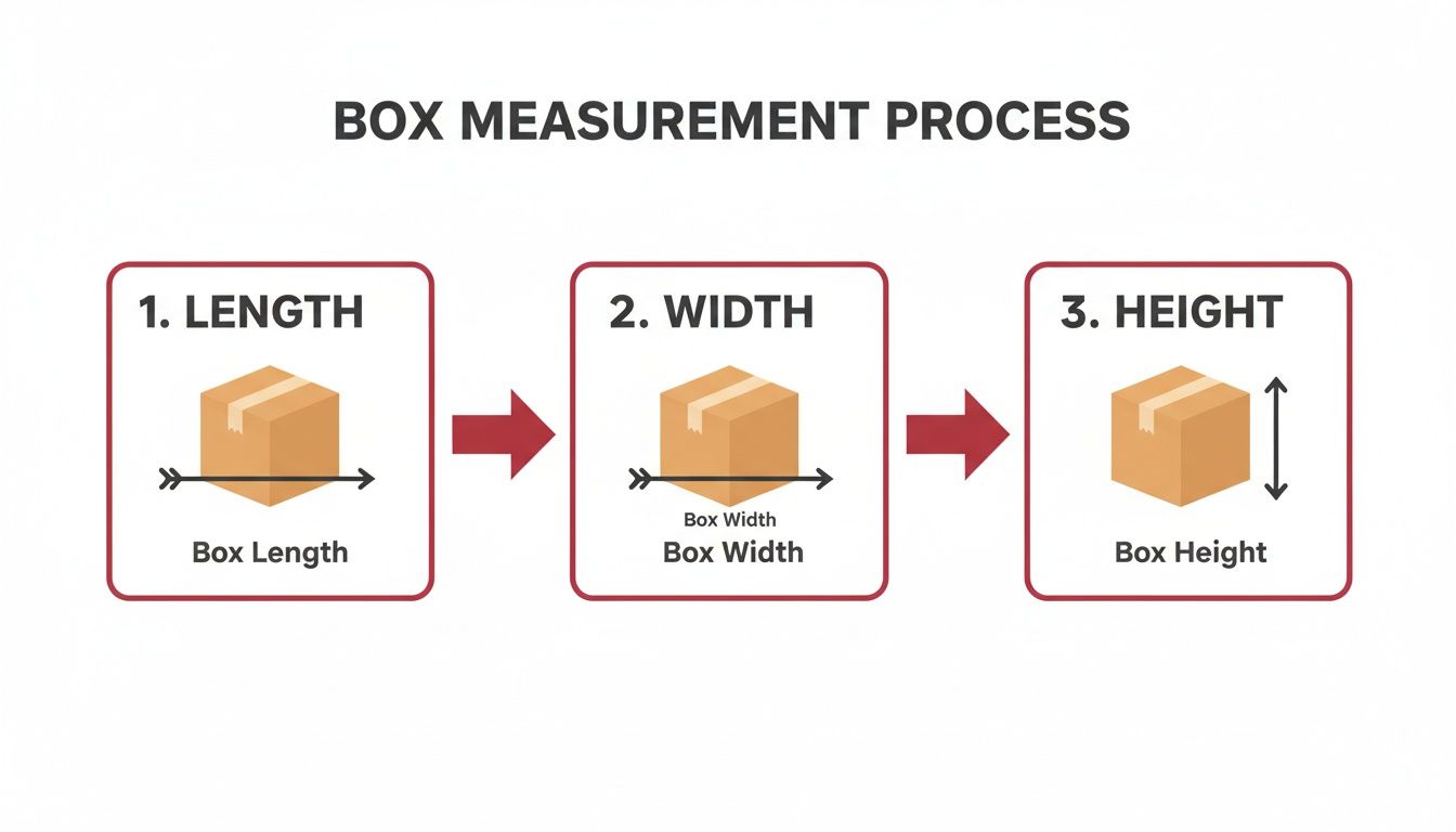 Step-by-step guide illustrating how to measure a box's length, width, and height dimensions.