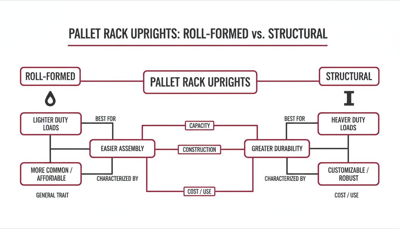 Flowchart comparing roll-formed and structural pallet rack uprights, detailing their characteristics and uses.
