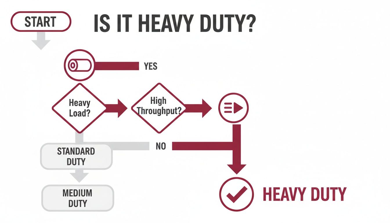 Flowchart determining heavy duty classification based on load, throughput, and other criteria.