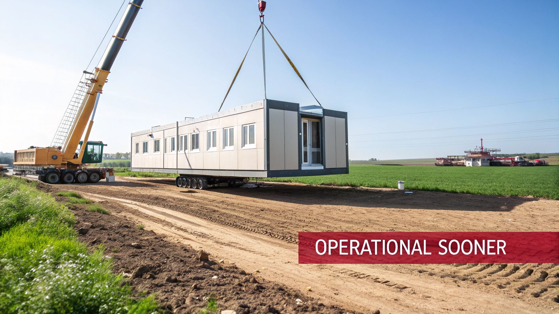 A large crane lifts a long, pre-fabricated modular building from a transport trailer on a construction site.
