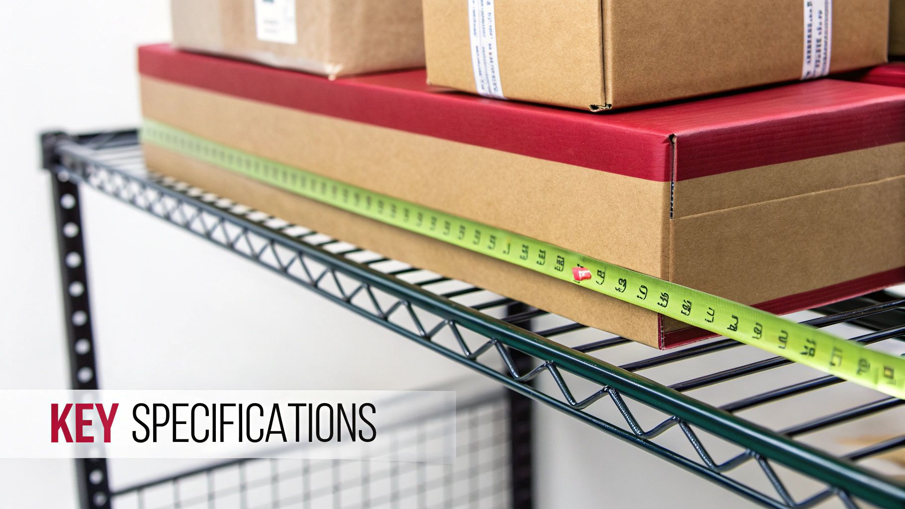 Several cardboard boxes stacked on a green wire shelf with a measuring tape visible.