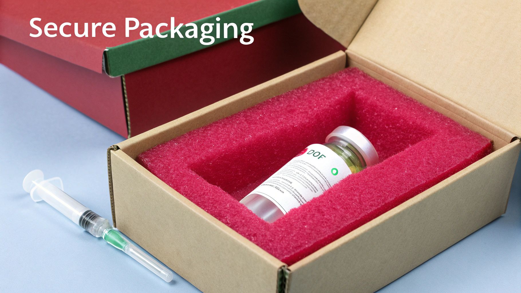 Secure packaging for medical supplies, featuring a vial in a foam-lined box and a syringe.